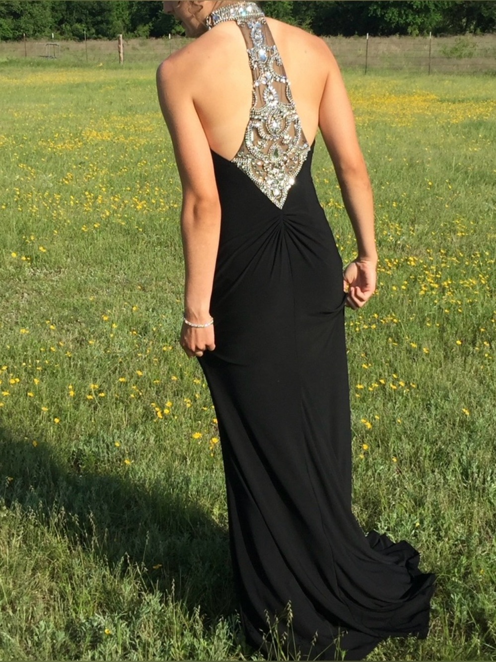 Sherri Hill Black Backless Gown with Jeweled Halter